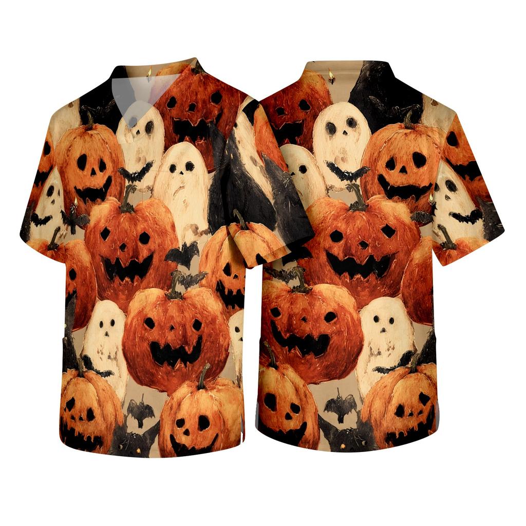 Men's V Neck Halloween Print Scrub Top with Chest Pocket and Two Front Pockets for Healthcare Professionals Workwear