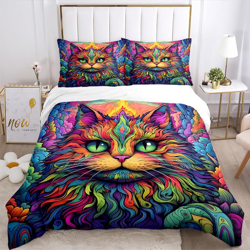 3pcs Cat Art Design Printed Bedding Set, Soft and Comfortable Quilt Cover for Bedroom, Guest Room (1 Duvet Cover + 2 Pillowcases, Pillow Cor