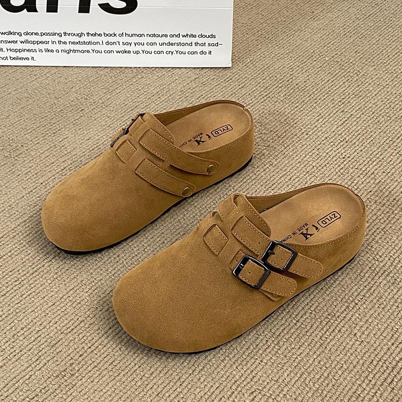 Fashion CRLAYDK Designer Women's Suede Footed Mules Buckle Adjustable Slip On Casual Soft Inner Increase Shoes Backless Walking Slippers