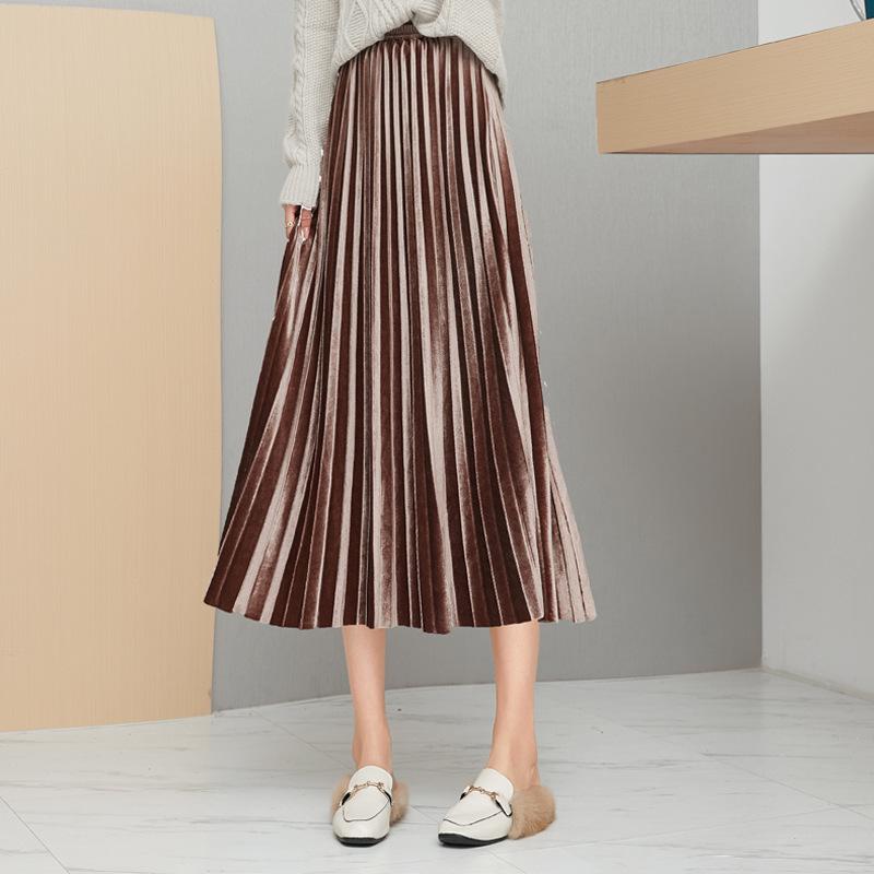 Women's High-Waisted Gold Velvet Pleated A-Line Long Skirt