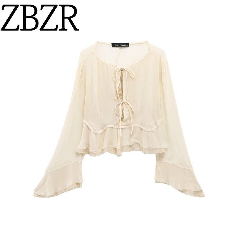 Za Autumn New Arrivals Women's Clothing Zr European and American Style Fashionable Lace-Up Fake Two-Piece Layered Bell Sleeve Shirt 2290004