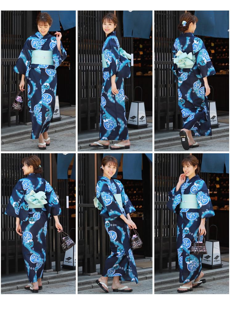 Yukata Plus Navy Blue with Blue Morning Glory and Flowing Cherry Blossom Relaxed Fit Yukata Set Women's Set, Sizes, Design, 3-Piece