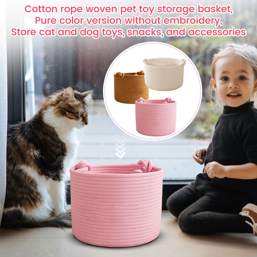 Pet Toy Storage Basket - Cotton Rope with Knot Handles, Color No Embroidery, for and Dog Toys, Treats and Accessories