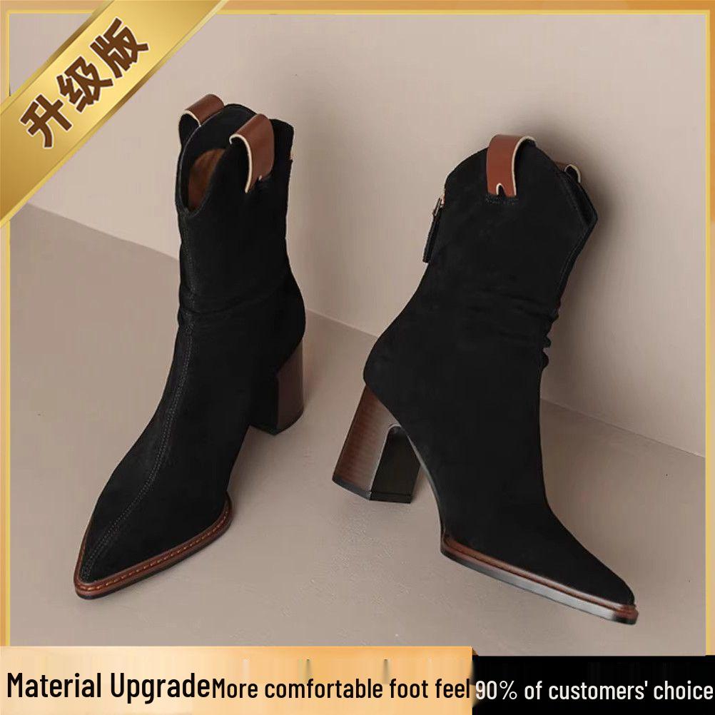 Women's Black Suede Pointed Toe Chunky Heel Ankle Boots with Back Zipper - Versatile Autumn/Winter Western Style.
