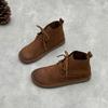 Johnature Genuine Leather Women's Shoes Soft Cowhide Round Toe Retro Soft Soled Lace-up Flat Short Boots