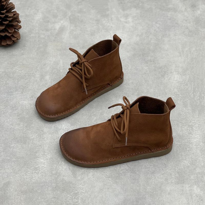 Johnature Genuine Leather Women's Shoes Soft Cowhide Round Toe Retro Soft Soled Lace-up Flat Short Boots