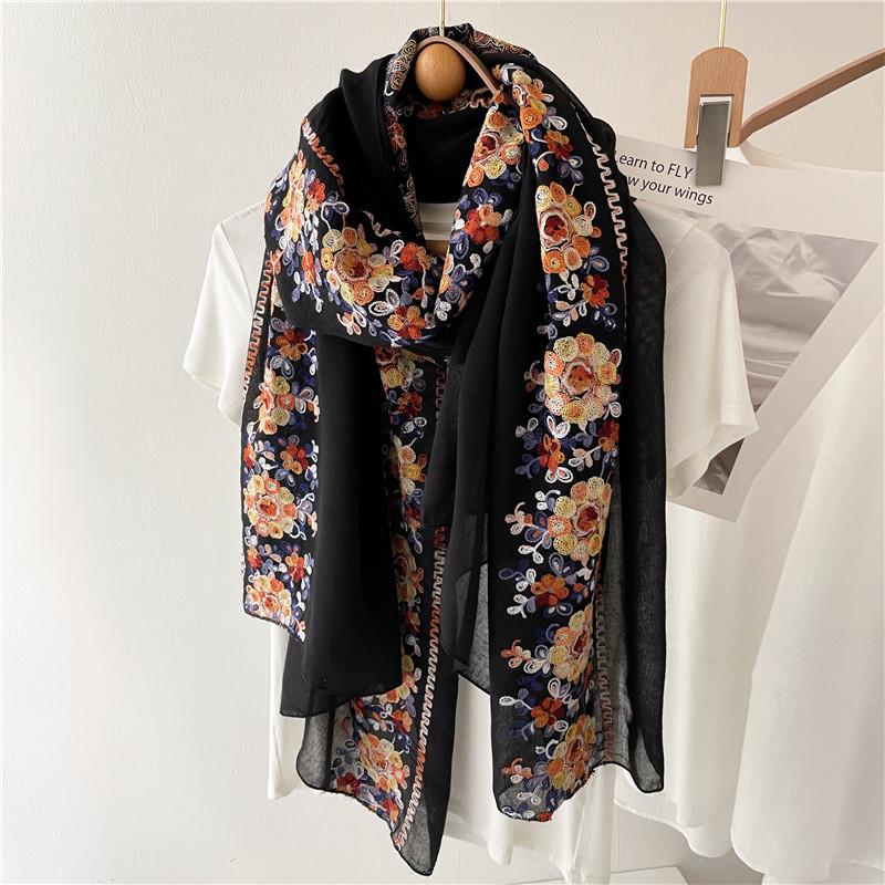 New Floral Cotton Scarf Women Thin Flower Embroidered Shawls And Wraps Foulard Hijab Stoles Vintage Sunscreen Scarves