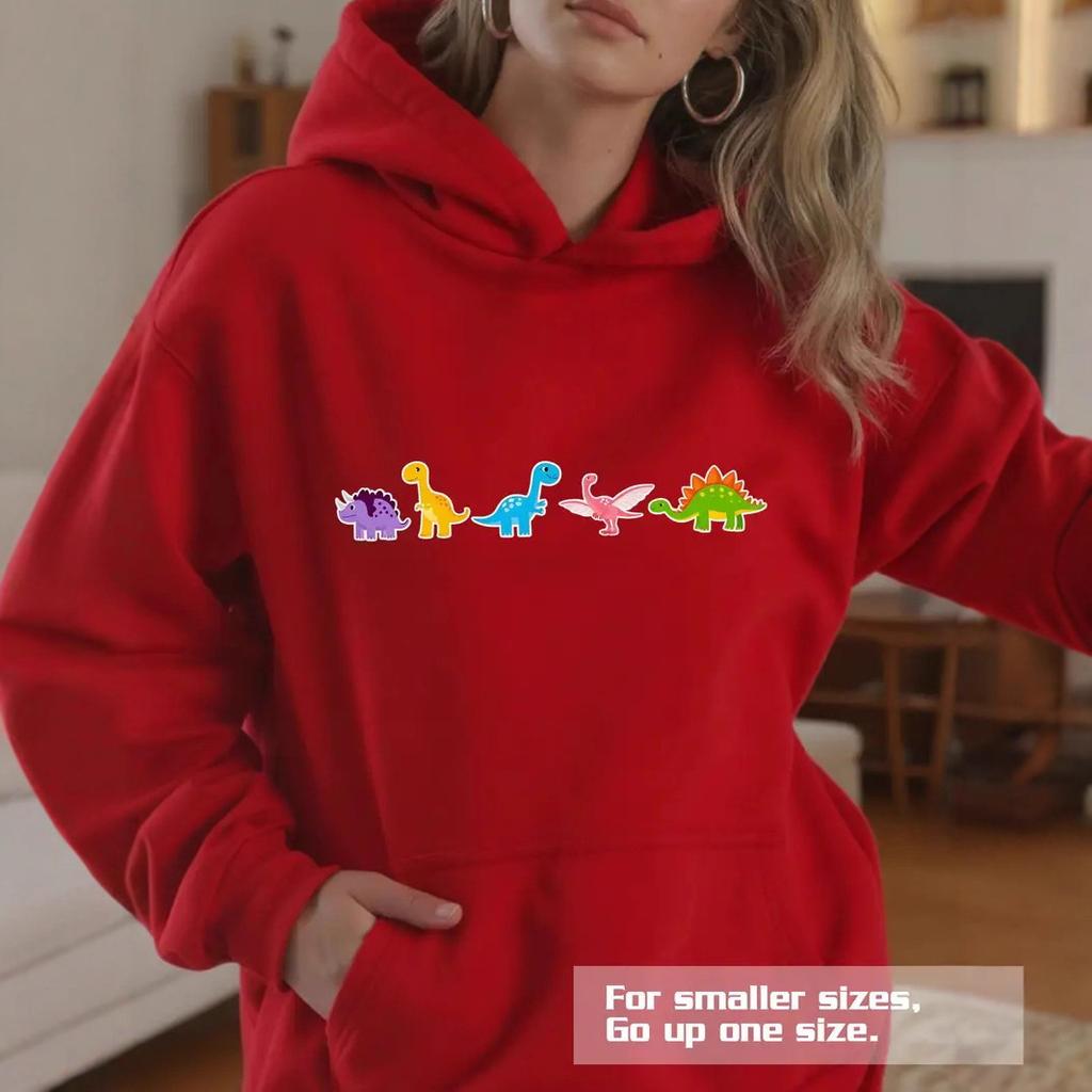 Ladies Spring Autumn Casual Hooded Long Sleeve Big Pocket Cartoon Dinosaur Printed Pullover Hoodies Sweatshirt Top