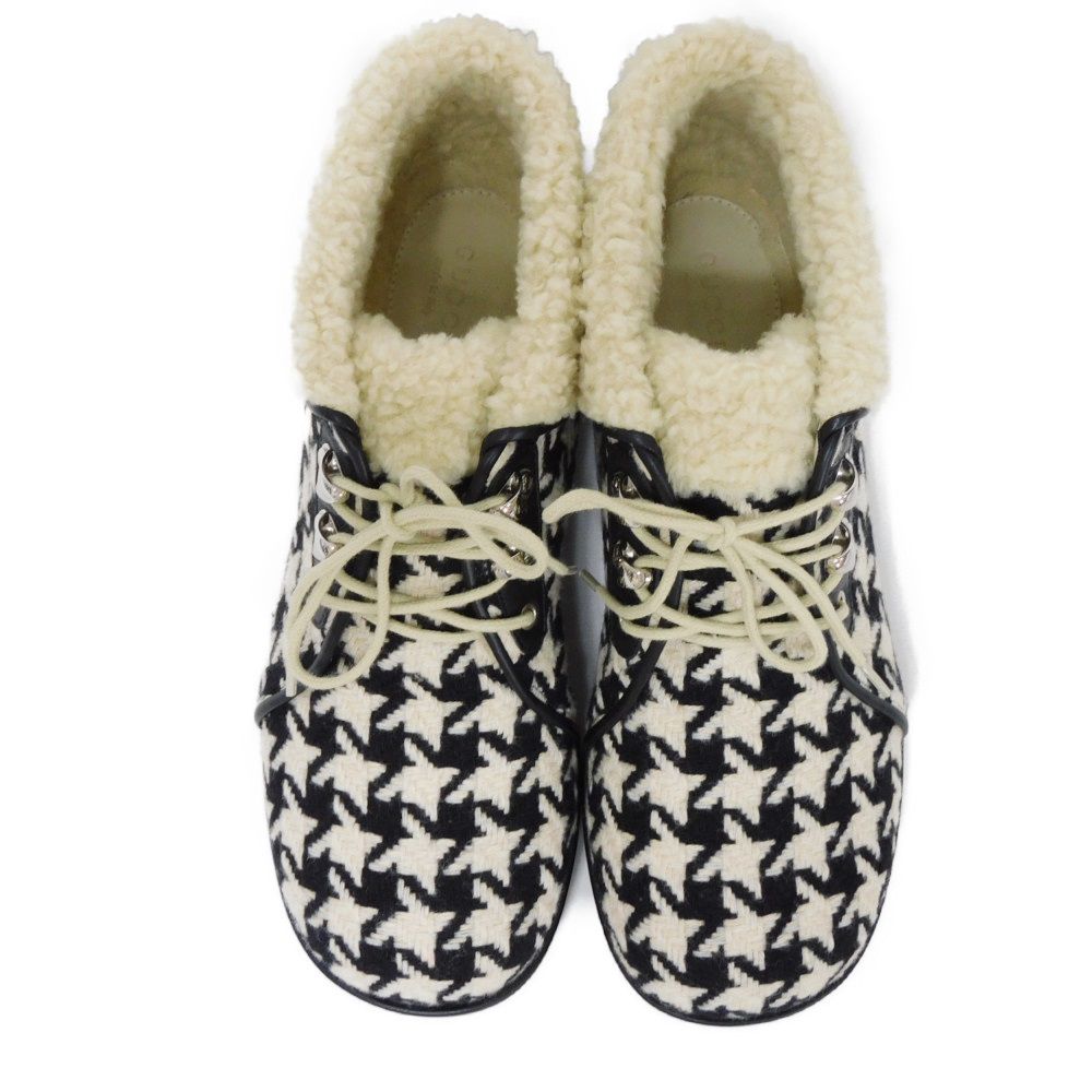 Used 9539 Tweed Boa Ankle Boots 591039 7900 37 Houndstooth Print Black Lace-Up 9.4" Unused Wool Ivory Women's from