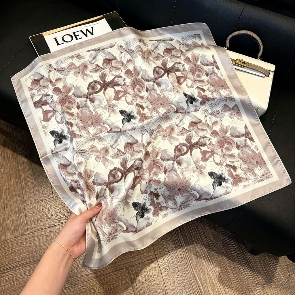 71Cm New Chinese Simulation Silk Square Scarf Soft and Skin-friendly Ink Flower Rhyme Printing Silk Scarf Neck Sunscreen Small Scarf