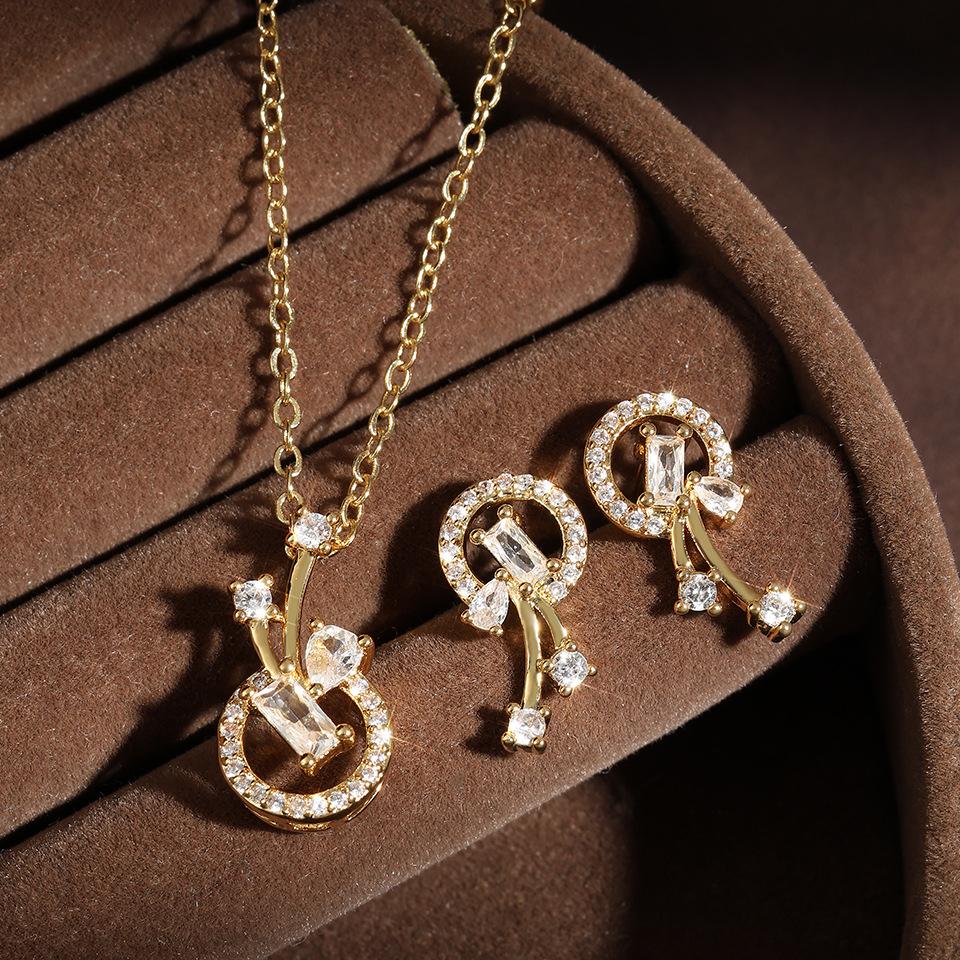 Delicate Branch Zircon Circle Necklace Earrings Set Women'S Plated 18K Plated Premium Jewelry