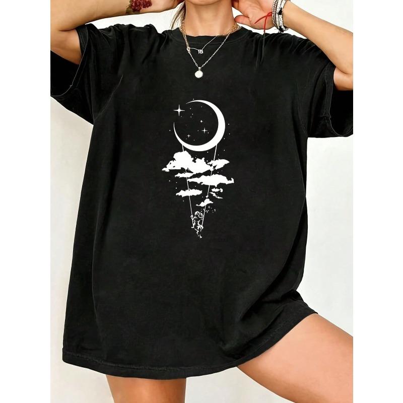 Oversized T Shirt Black Moon Clouds And Stars Print For Casual Wear