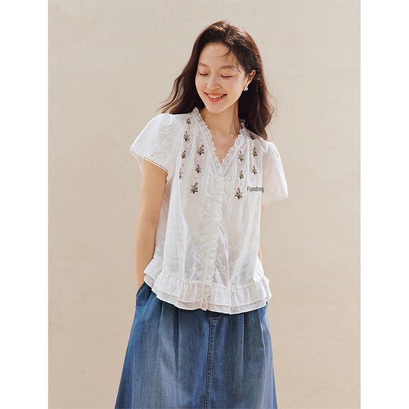 Inman French Lace Embroidered V-Neck Short Sleeve Cotton Shirt