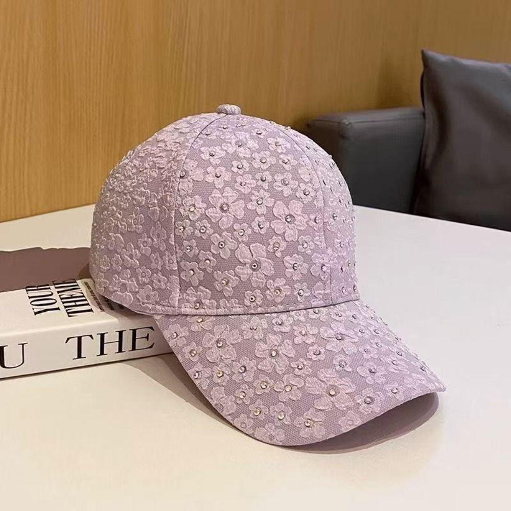 Oddychająca Czapka Baseballowa z Kwiatami Dekoracja Strass Elegancka Czapka Outdoorowa Kapelusz Przeciwsłoneczny Letnia Odzież