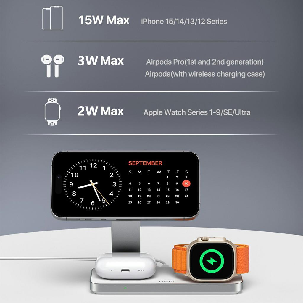 T8 3 in 1 Wireless Charging Station Foldable Charger Stand for iPhone 15-12/Apple Watch/Airpods