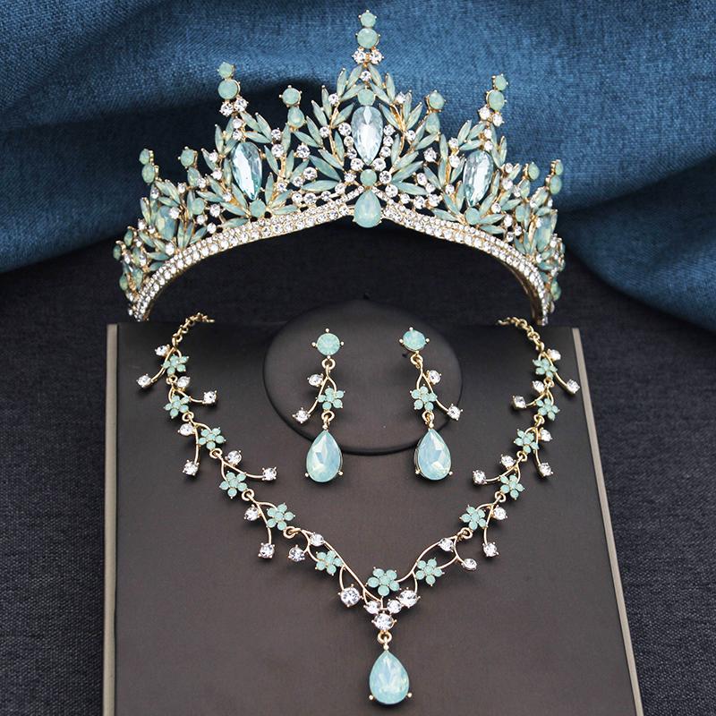 3Pcs Princess Crown Bridal Jewelry Sets for Women Tiaras and Flower Choker Necklace Earrings Wedding Dress Bride Jewelry Set
