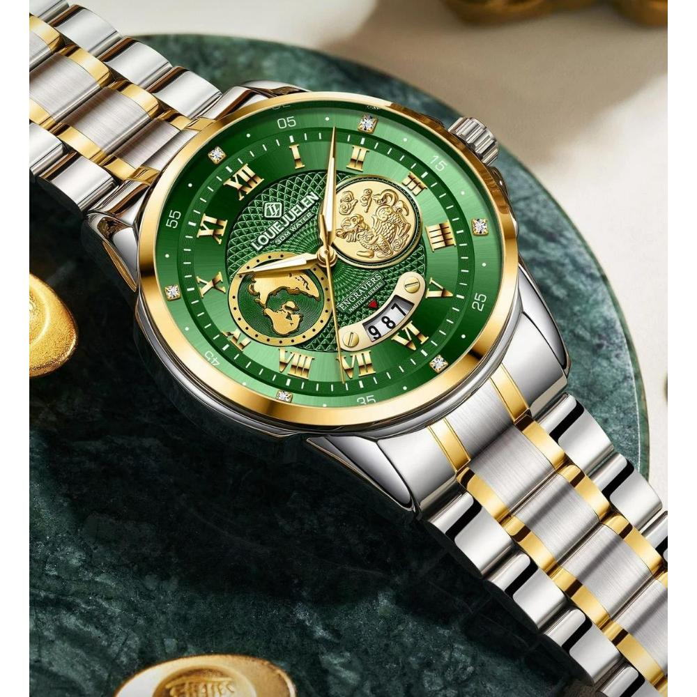 Luxury Gold Engraved Watch for Men Stainless Steel Waterproof Business Quartz Wristwatch with Date, Ideal Gift for Father's Day & Anniversaries