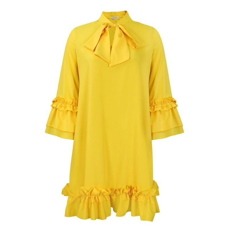 Trendy women s clothing new solid color lapel temperament seven-quarter sleeve loose casual short dress S жёлтый