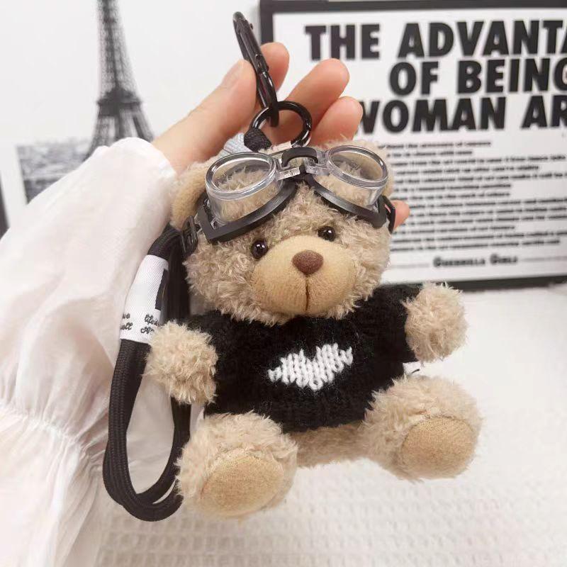 Cute Pilot Bear Plush Keychain - Soft Stuffed Animal Bag Charm with Goggles
