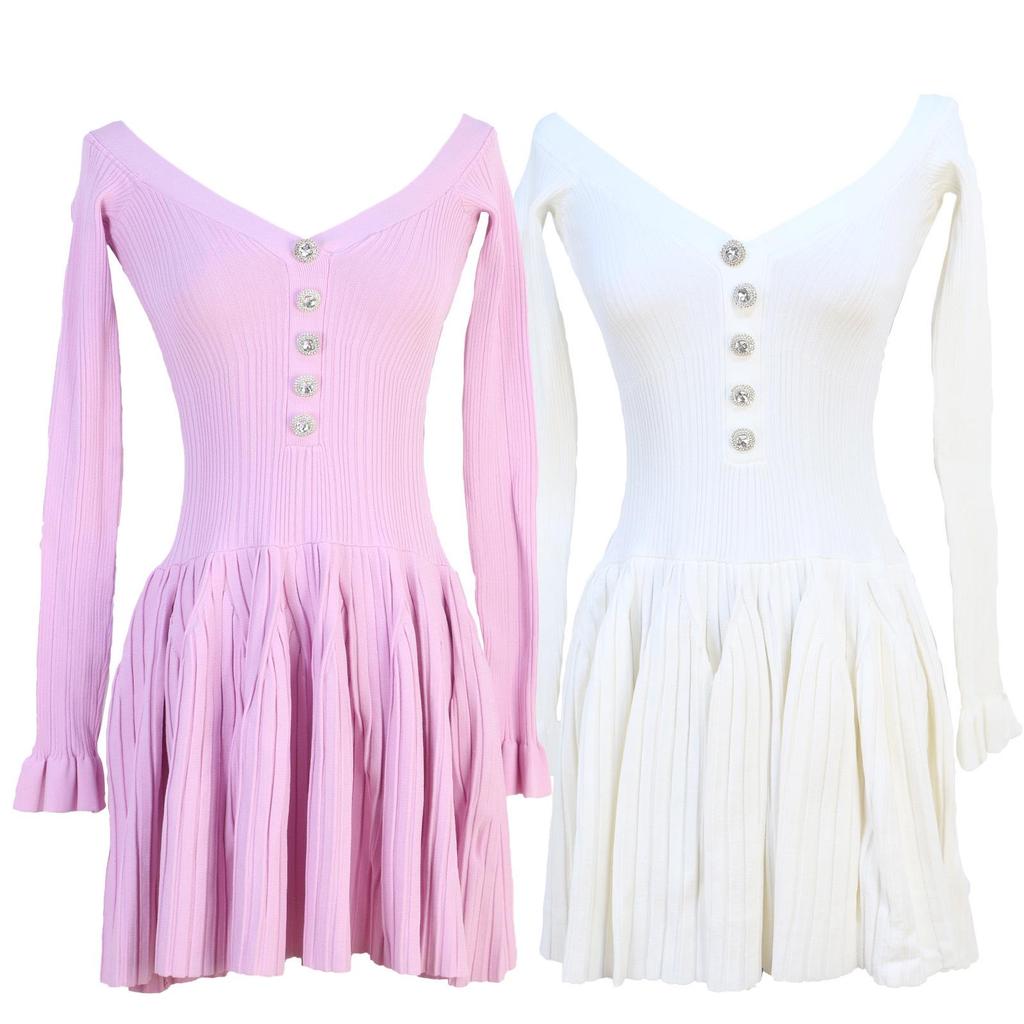 French Niche Spring/Summer Celebrity Style Knitted Dress with Off-Shoulder Bell Sleeves