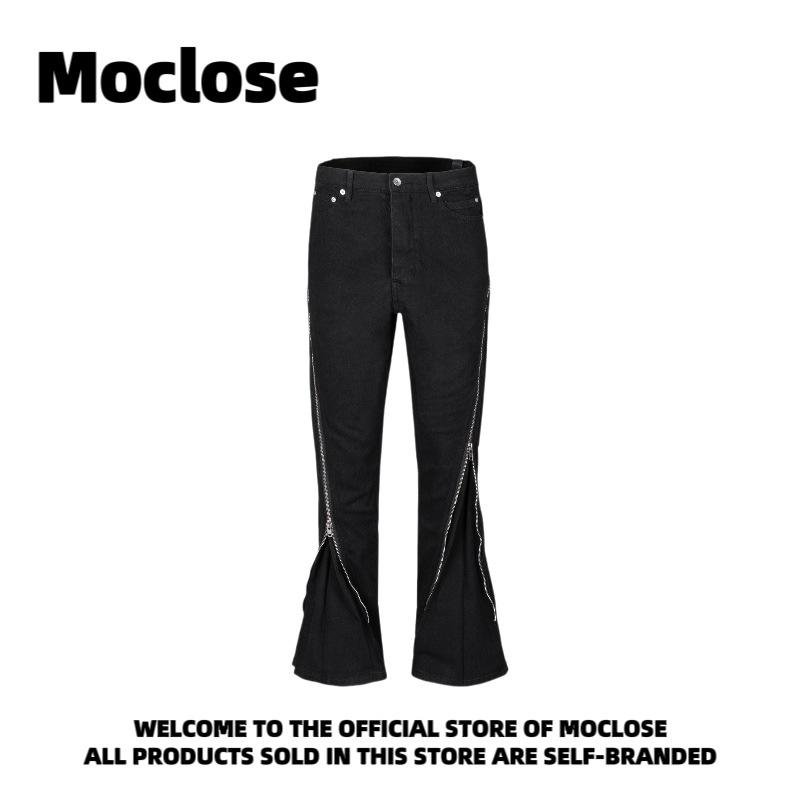 

Fashion American high street dark style big zipper cow king men s and women s thin horn stacking denim trousers XXL чорний