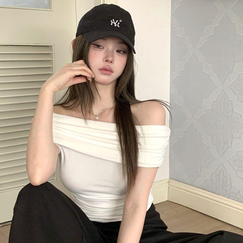 Damen Schwarzes Off-Shoulder Raffiniertes Kurzarm Figurbetontes Cropped Top Lässige Tägliche Bluse