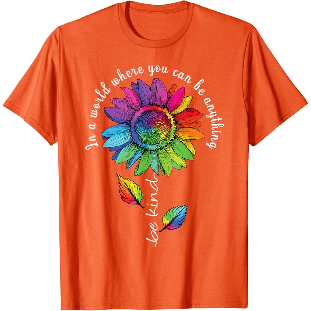 Rainbow Sunflower Be Kind Autism Awareness Graphic Tee Casual Cotton T-Shirt Unisex