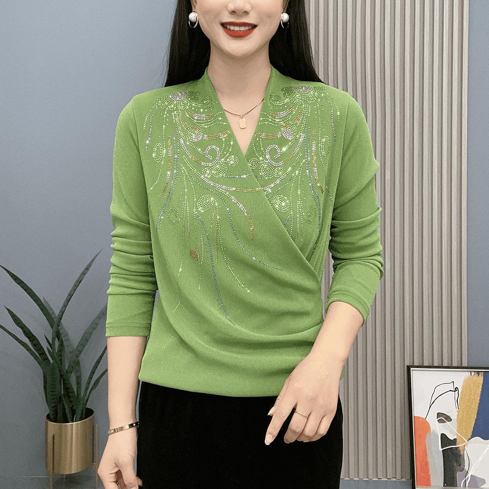 Autumn/Winter Cross-Neck Rhinestone Phoenix Long-Sleeve Base Layer Shirt