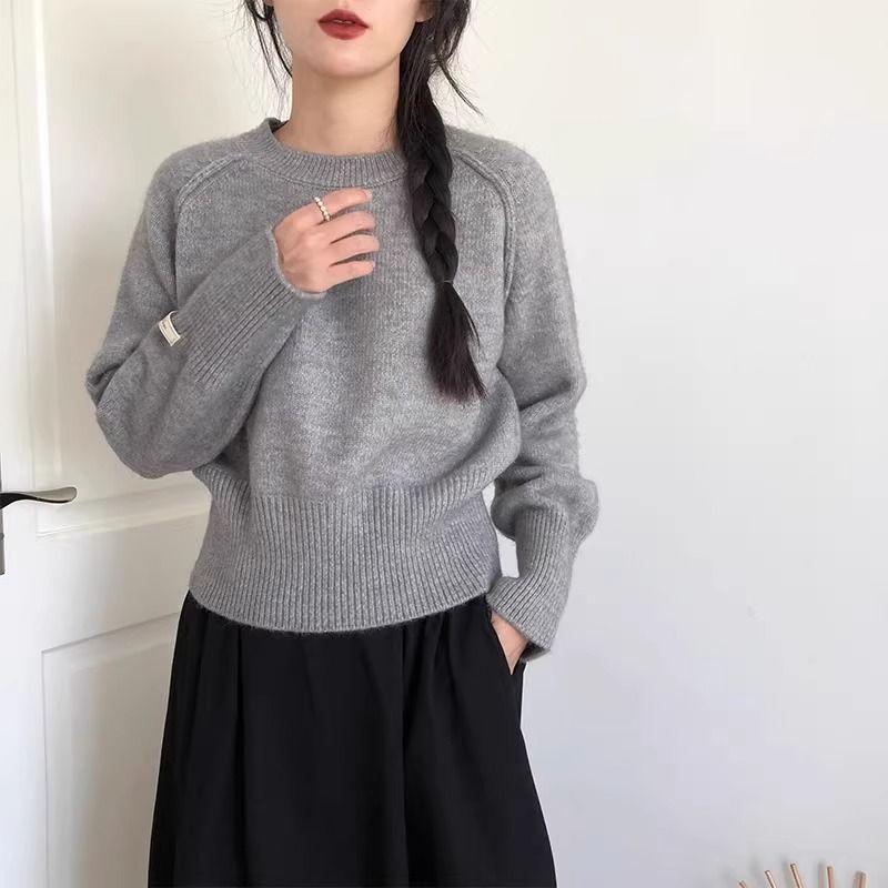 New Korean Chic Round Neck Loose Sweater Women Winter Solid Bottoming Shirt Knitted Tops Simple Design Casual Pullover