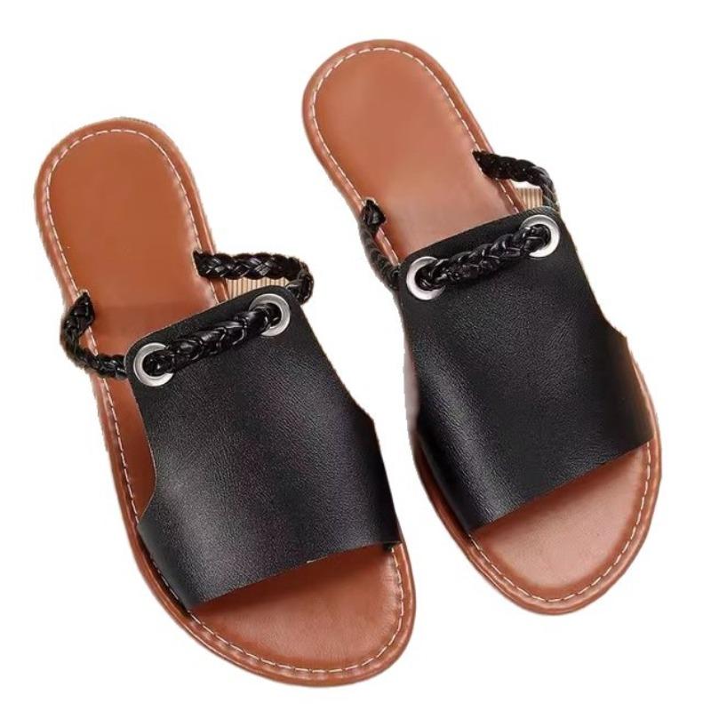 Damen Übergröße Gewebte Flache Pantoletten, Einfarbig Lässige Strandschuhe