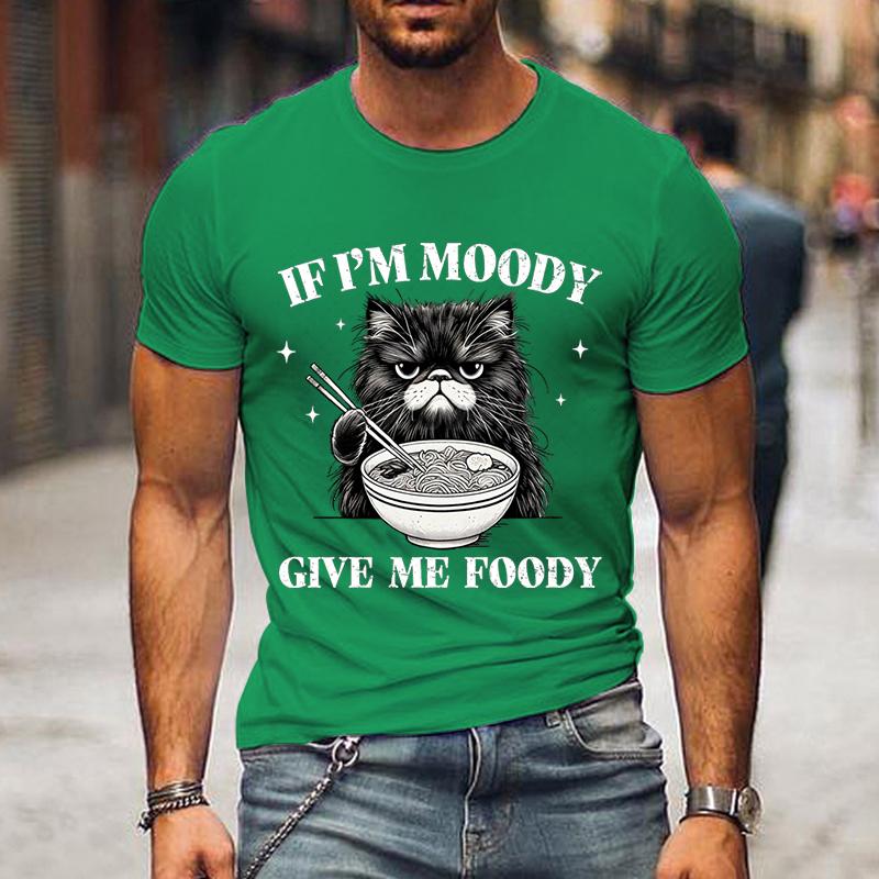 Ramen Schwarze Katze Grafik T-Shirts Wenn ich launisch bin, gib mir Futtery Lustige Herren T-Shirts Kurzarm Kleidung Hip Hop Streetwear