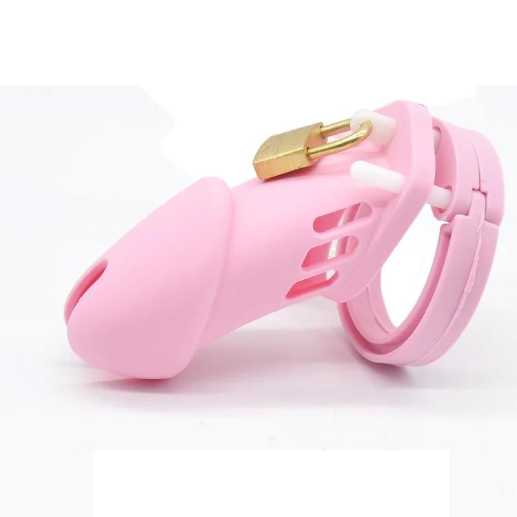Pink Soft Silicone Male Chastity Cage Device Small/Large Lockable Ring Sex Toys with 5 Cock Ring Penis Sleeve for Men BDSM