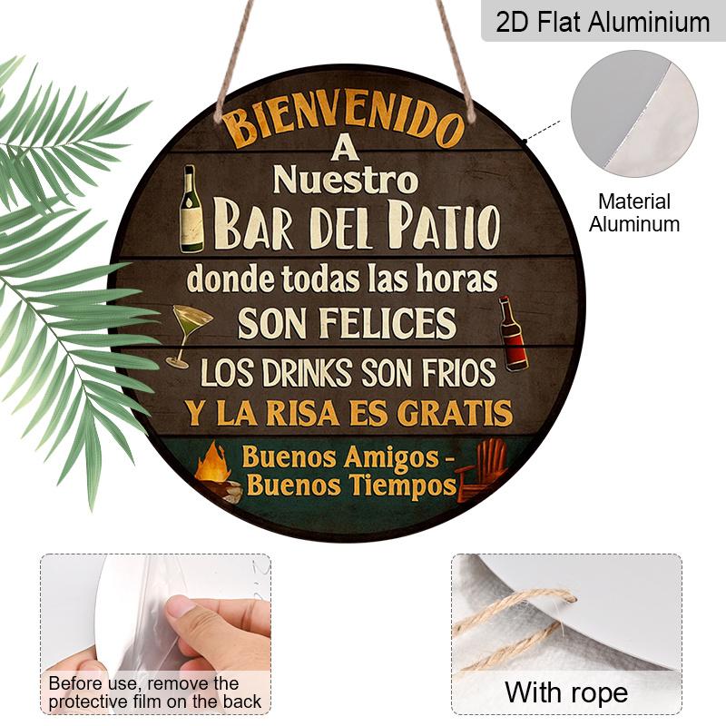 2D Flat, 1pc 7.87X7.87 Inch 2D Round Aluminum Sign, Vintage Plaque about "Courtyard Bar Welcome", Bar Patio Decoration Sign, Suitable for Decorating