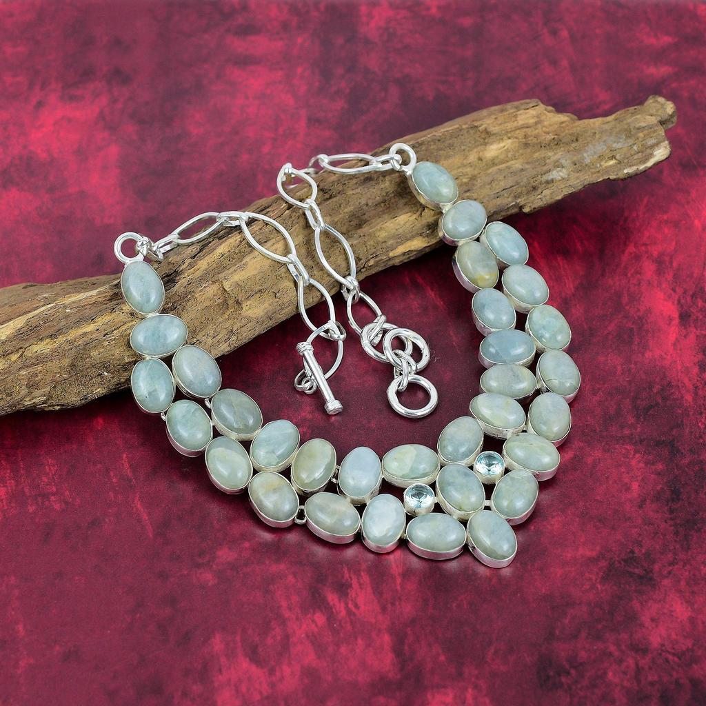 Aquamarine 925 Solid Sterling Silver Necklace with Adjustable Chain, Handmade Gemstone Jewelry Necklace For Memorial Day