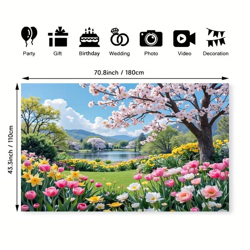 2D Blooming Spring Garden Backdrop Photography Background Banner