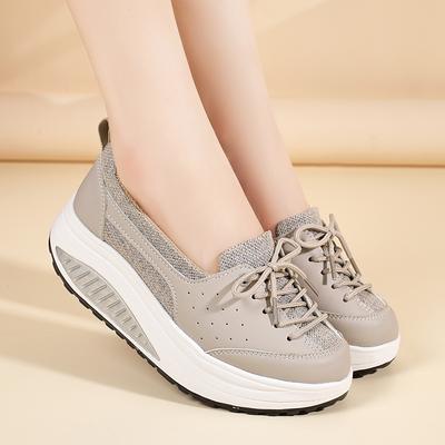 Damen Graue Slipper Höhenerhöhung Schwarz Niedliche Leder-Sneaker Plateau Lässig Dicke Sohle Aufzugschuhe