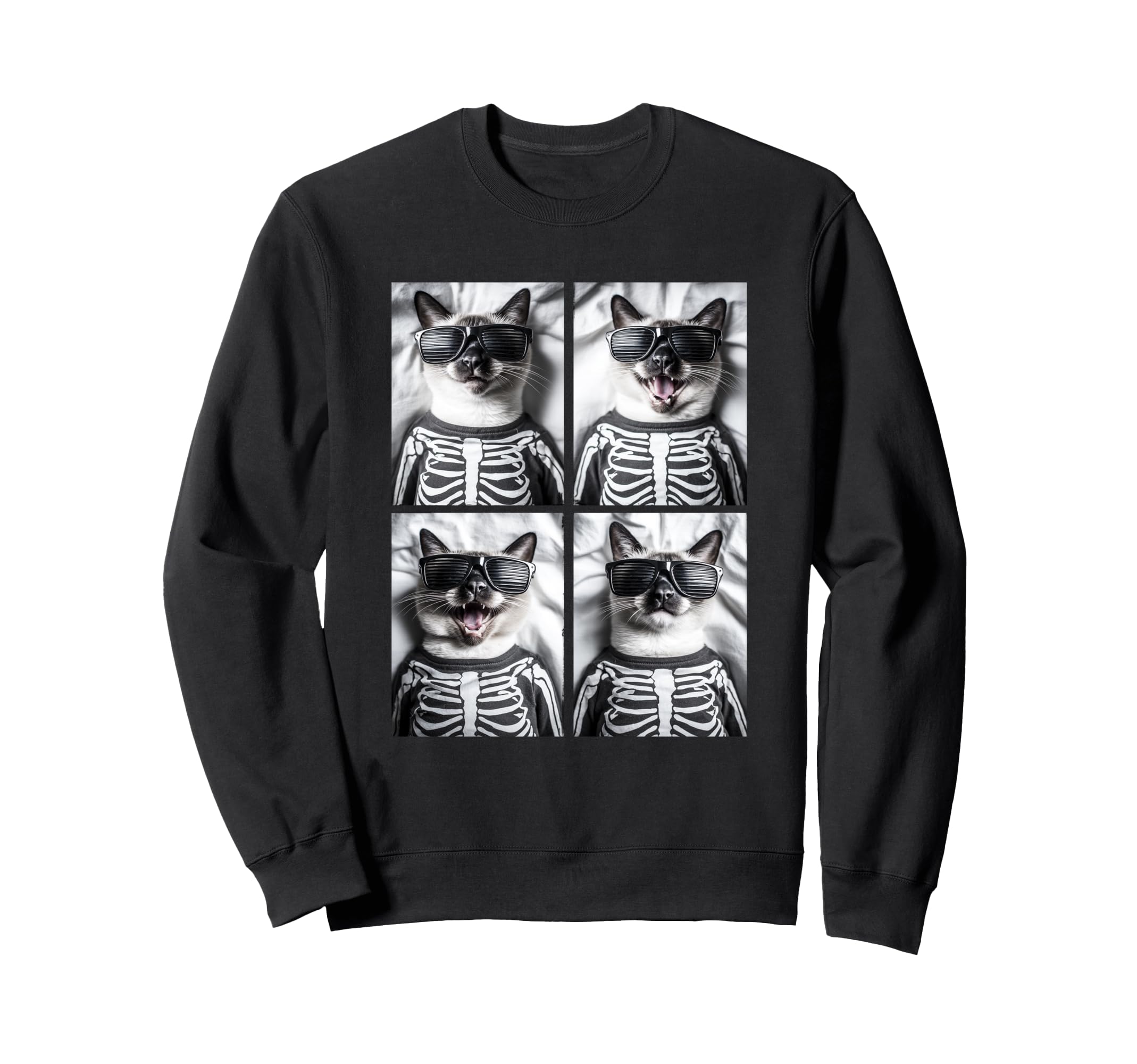 

Funny Siamese Cat Skeleton Costume with Sunglasses, Halloween Sweatshirt