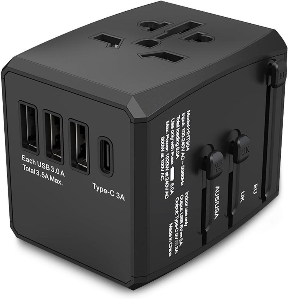 Amoner International Adapter Type Travel Power Fast 3 Ports and 1 AC Adapter Compatible with Type C International Black Converter, C, Transformer,