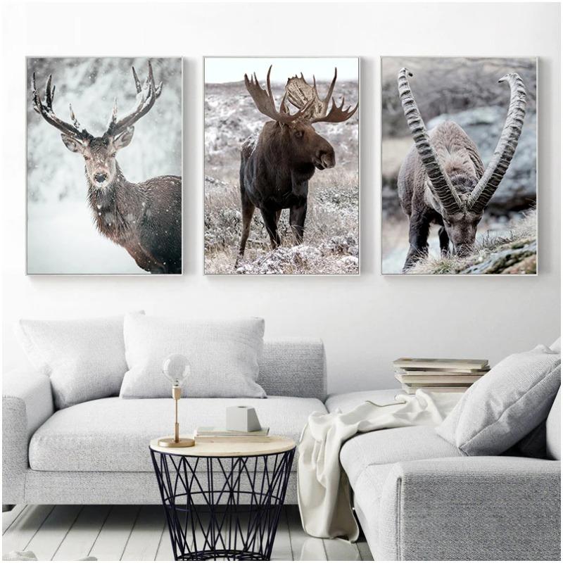 Scandinavian Poster and Print Winter Nature Landscape Canvas Painting Beer Deer Animal Wall Art Picture Nordic Style Home Decor
