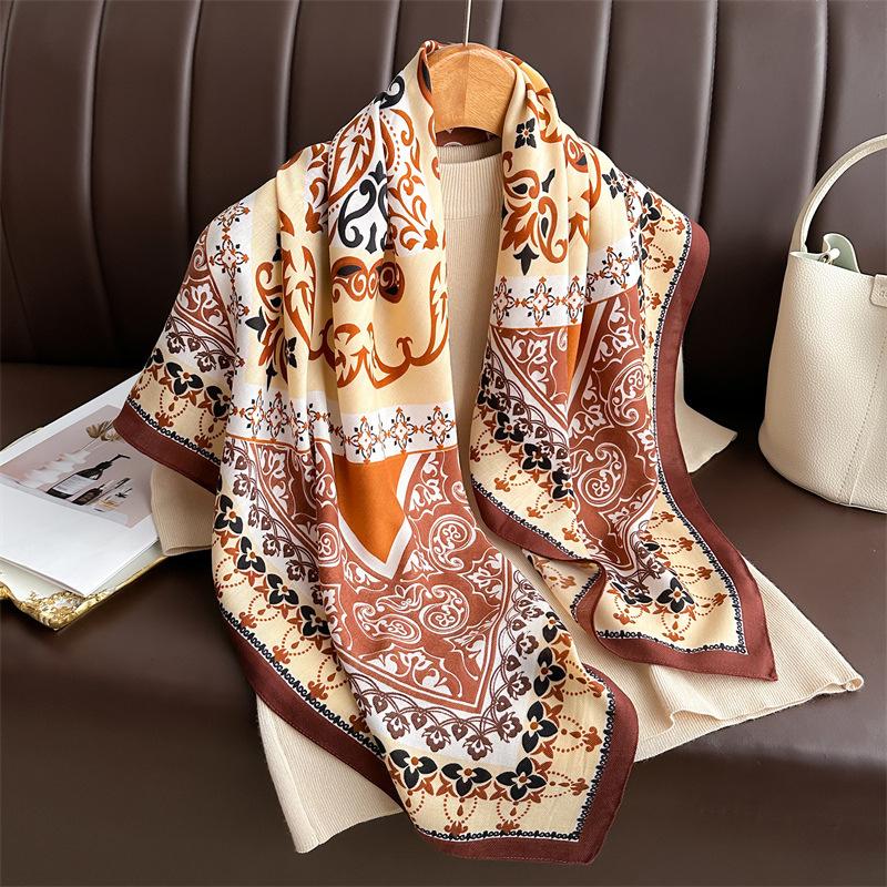 91 large square scarves in Europe and America, simulated silk, versatile herringbone pattern, shawl, scarf, retro cashew print, headscarf, scarf.
