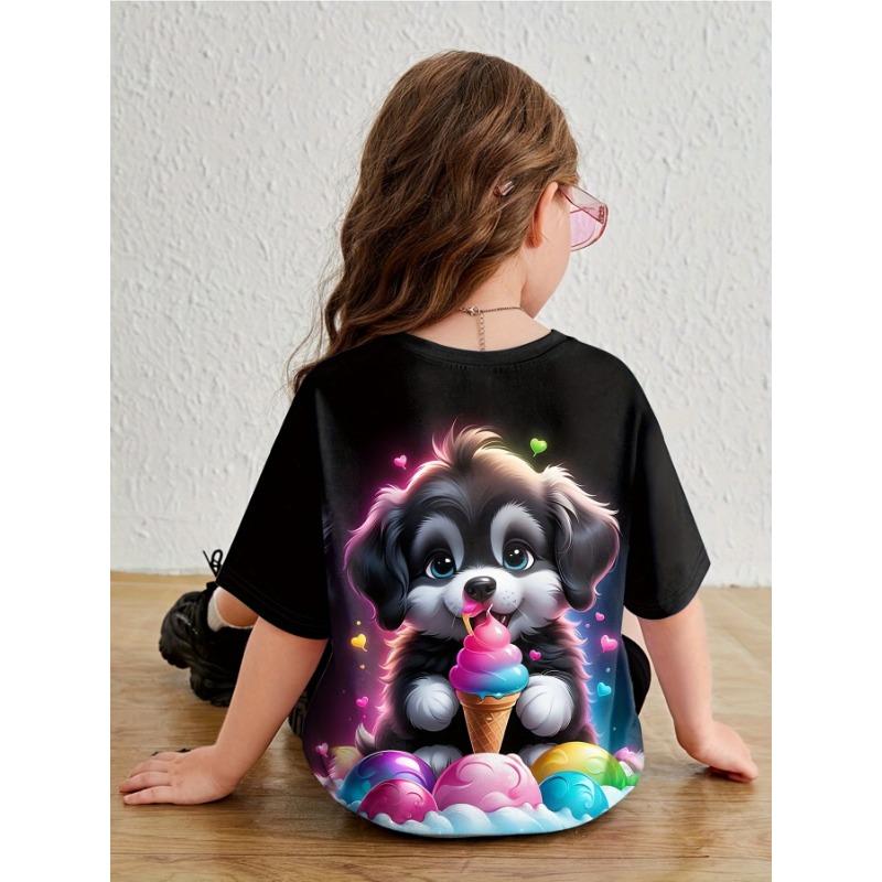 Barnkläder Flickkläder Kortärmad Flick T-shirt Tecknade Djur Tryck Casual O-Hals Flicktopp T-shirt Barn Sommarkläder