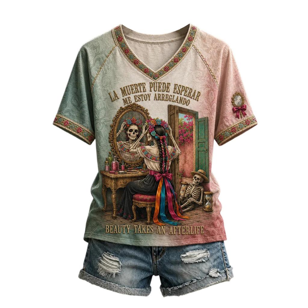 Women's V-Neck Printed Raglan Short Sleeve Top