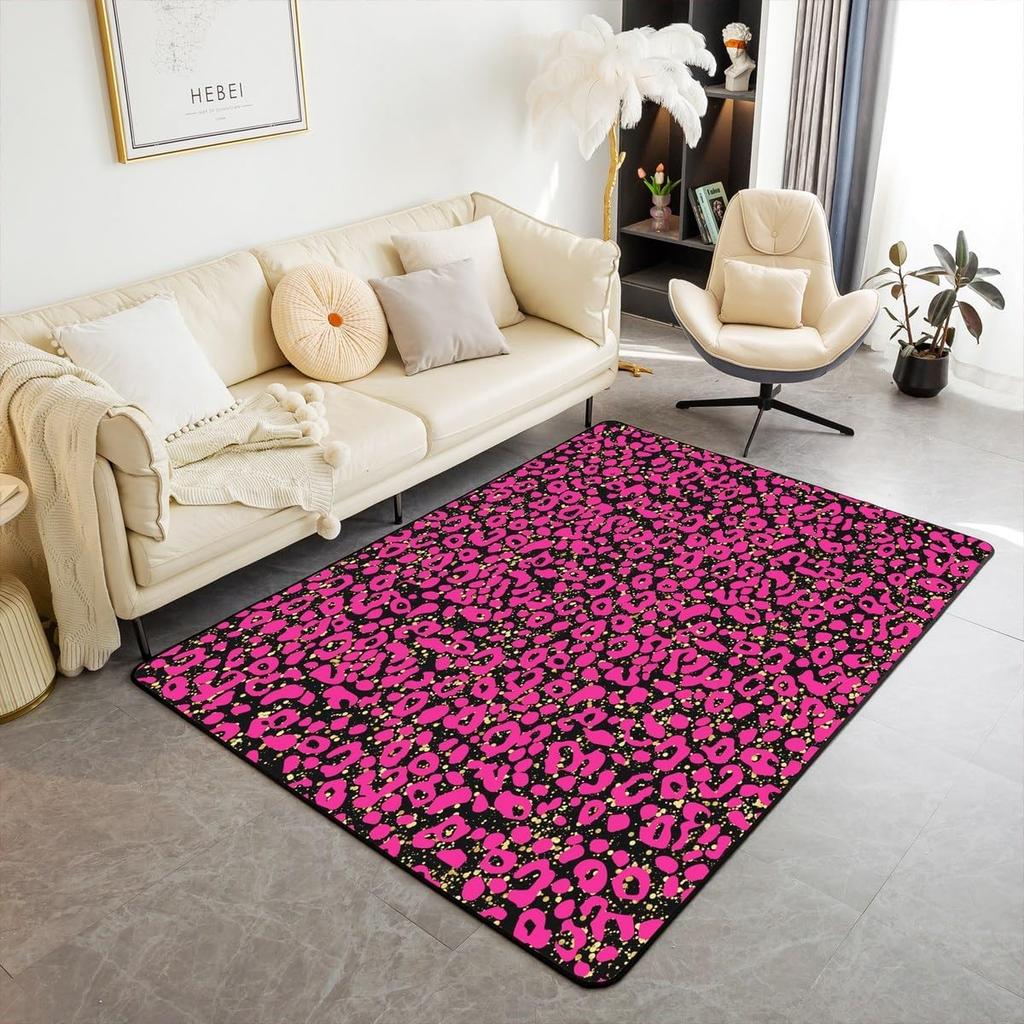 Kids Leopard Decor Carpet Area Rug Cute Pink Love Heart Living Room Rugs for Bedroom for Boys Girls Teens Modern Cheetah Indoor
