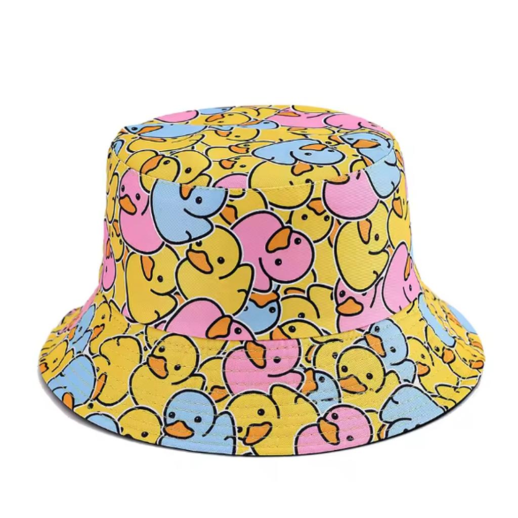 1PC Fashionable Full-Print Duck Casual Bucket Hat Cartoon Print Pattern Bucket Hat Reversible Foldable Lightweight Flat-Top Hat