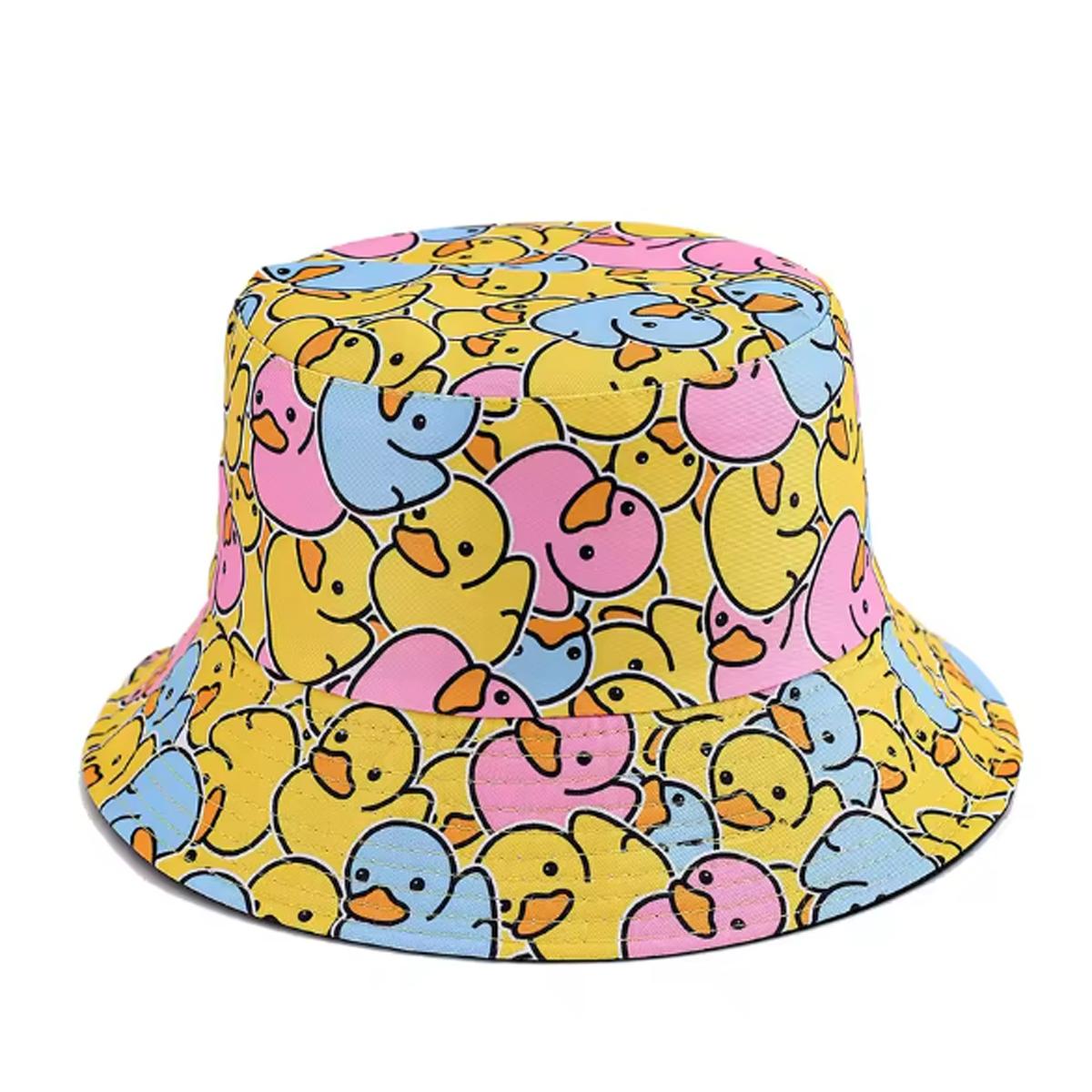 1PC Fashionable Full-Print Duck Casual Bucket Hat Cartoon Print Pattern Bucket Hat Reversible Foldable Lightweight Flat-Top Hat