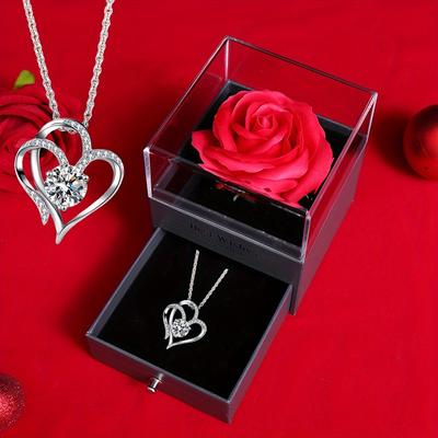 1 Ensemble Boîte Cadeau Élégante Rose Préservée en Plastique avec Collier en Forme de Cœur, Idéal pour la Saint-Valentin, la Fête des Mères, un Anniversaire