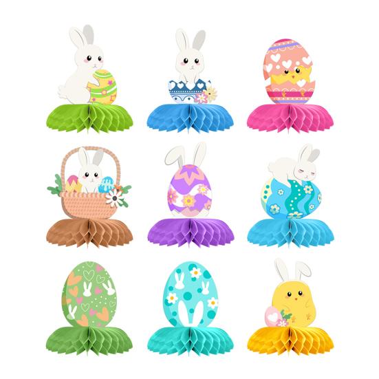 9 delar påskdekorationer med honungskaka och äggtema, bordsdekorationer för bordsfest, heminredning, festliga 3D-honungskakabolldekorationer