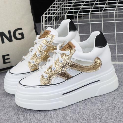 

Модные женские летние туфли 2024 года, новые полые дышащие туфли с толстой подошвой, сандалии с завышенной талией, повседневные спортивные женские туфли, кроссовки 40 золотой