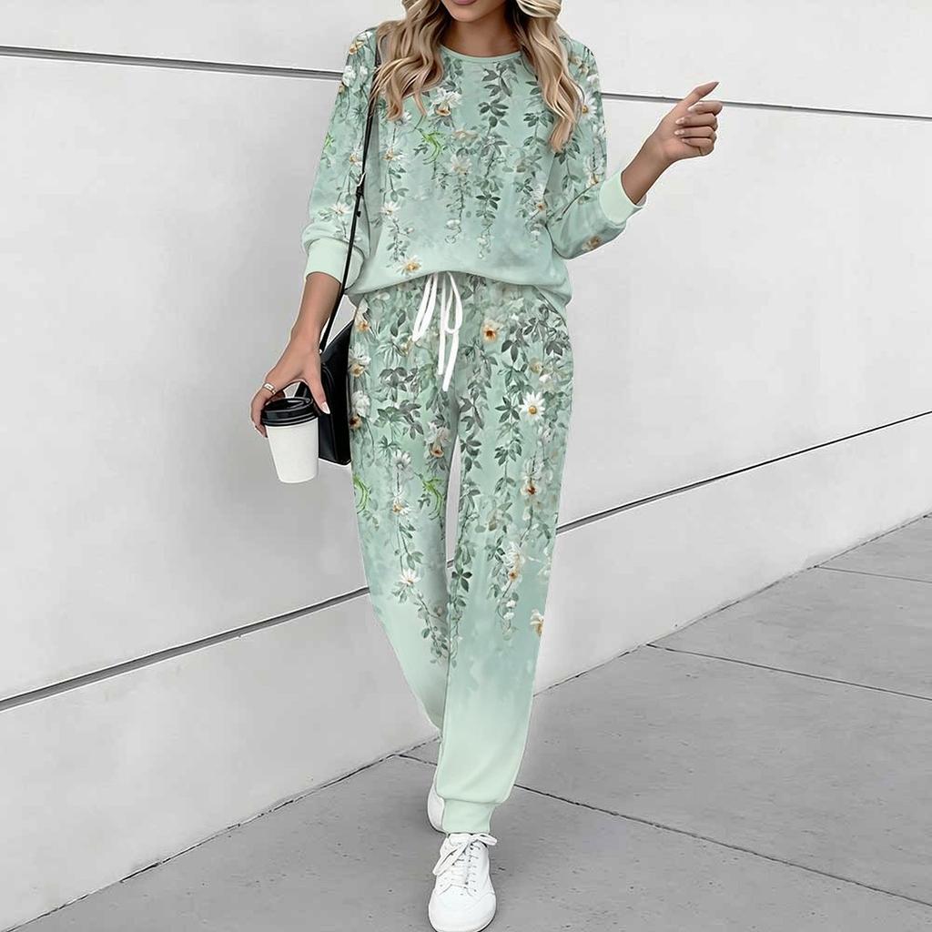 Women Floral Print Two Piece Outfit, Long Sleeve Crew Neck Top & Drawstring Jogger Pants Casual Tracksuit for Spring Autumn