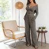 Women's 2 Piece Lounge Sets Long Sleeve Button Up Crop Top Wide Leg Pants Matching Outfit Casual Fall Spring Tracksuits